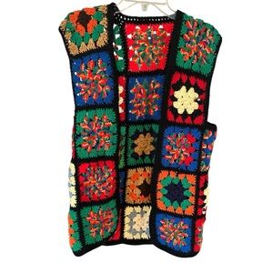 VTG 70s Granny Square Crochet Vest Geometric Design Hippie Boho Roseanne Colors